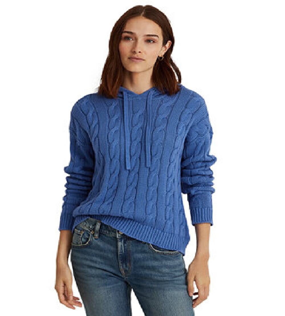 Lauren Ralph Lauren Cable-Knit Cotton Hoodie Pampelonne Blue